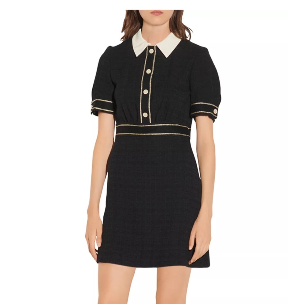 Sandro Lorine short black and gold dress collared worn once! size 40 8